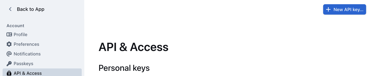 Outline settings with API & Access selected under Account and the New API key button at the top right