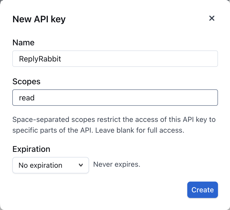 Outline New API key dialog with the name ReplyRabbit, the scope read and No expiration selected