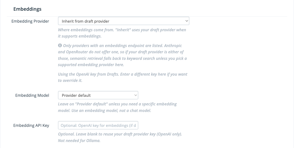 Embeddings subsection showing Embedding Provider, Embedding Model, and Embedding API Key fields inside AI Provider