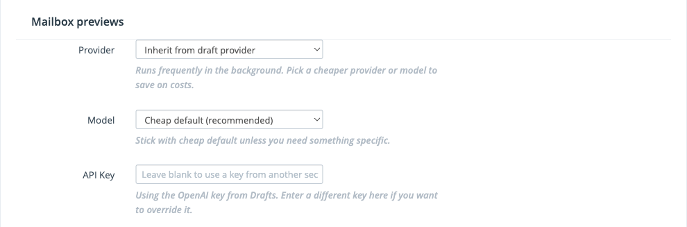 Mailbox previews subsection with provider set to Inherit from draft provider and model set to Cheap default (recommended)