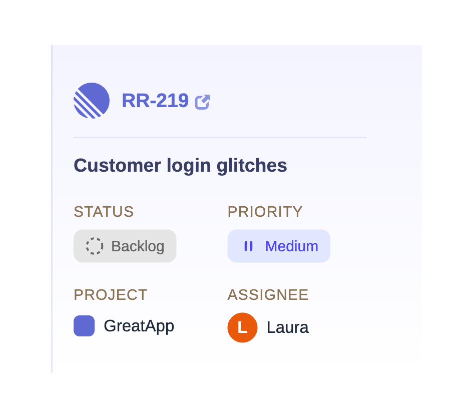 A Linear issue created from a FreeScout conversation with status, priority, project, and assignee fields